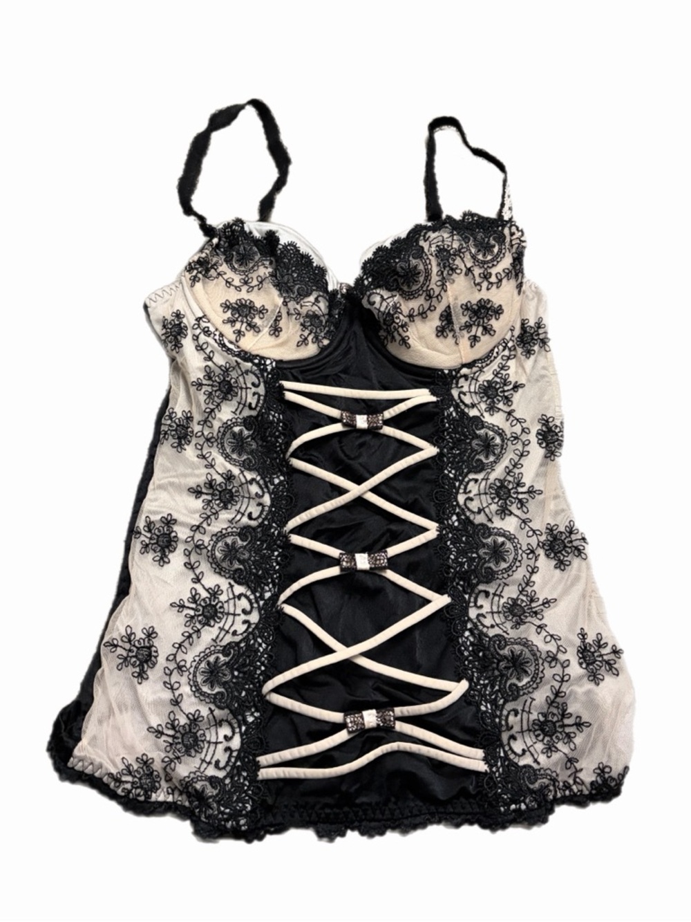 70s European Vintage Embroidered Lace Corset Longline Bustier Black/Cream/Pink M